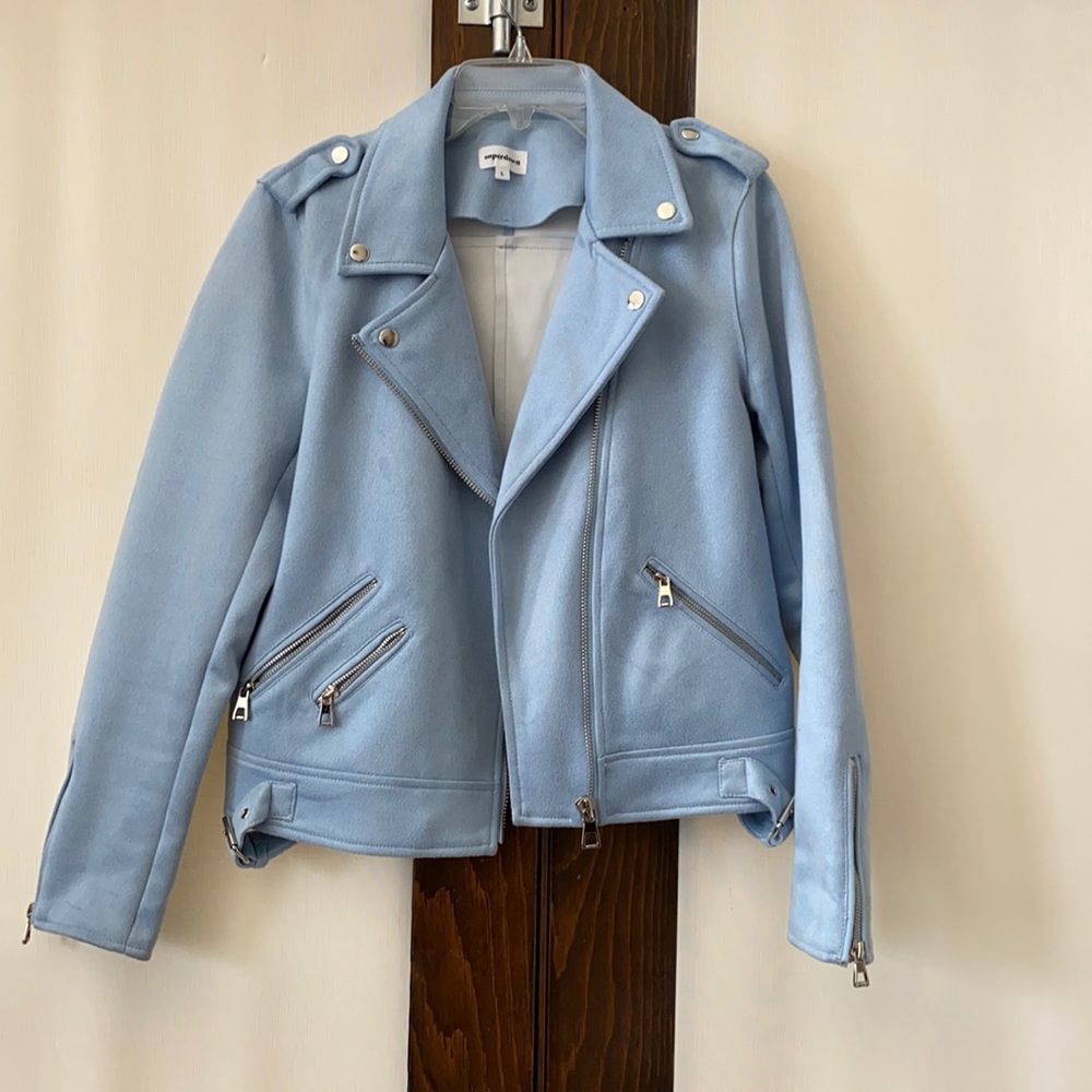 Blue faux suede moto jacket